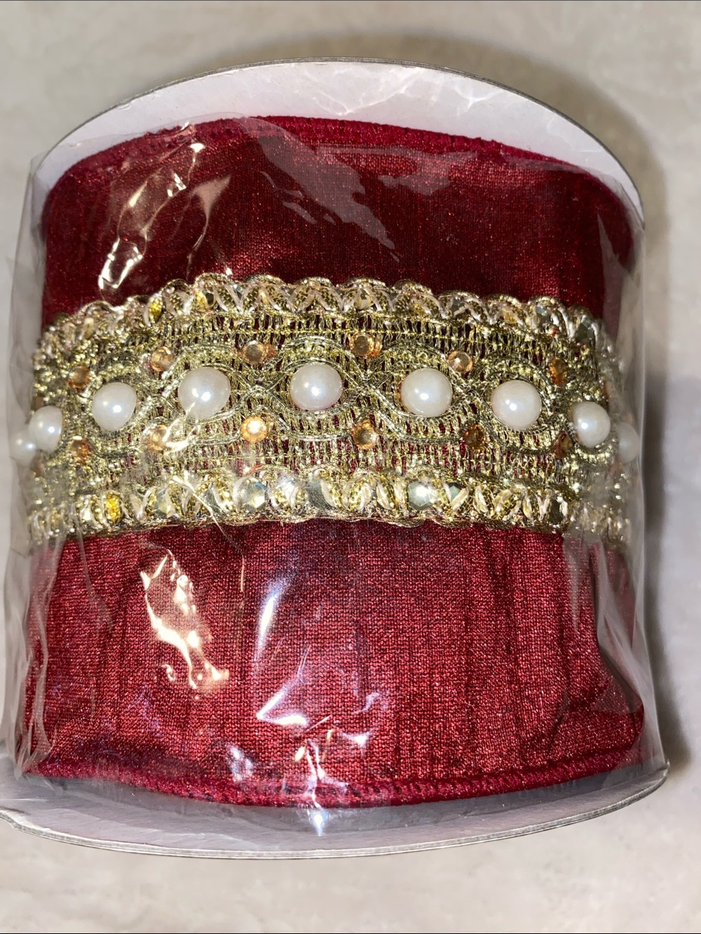 NEW Farrisilk Ribbon Santa’s Pearls Burgundy & Gold Pearl Wired Ribbon 5 yards - Picture 2 of 11